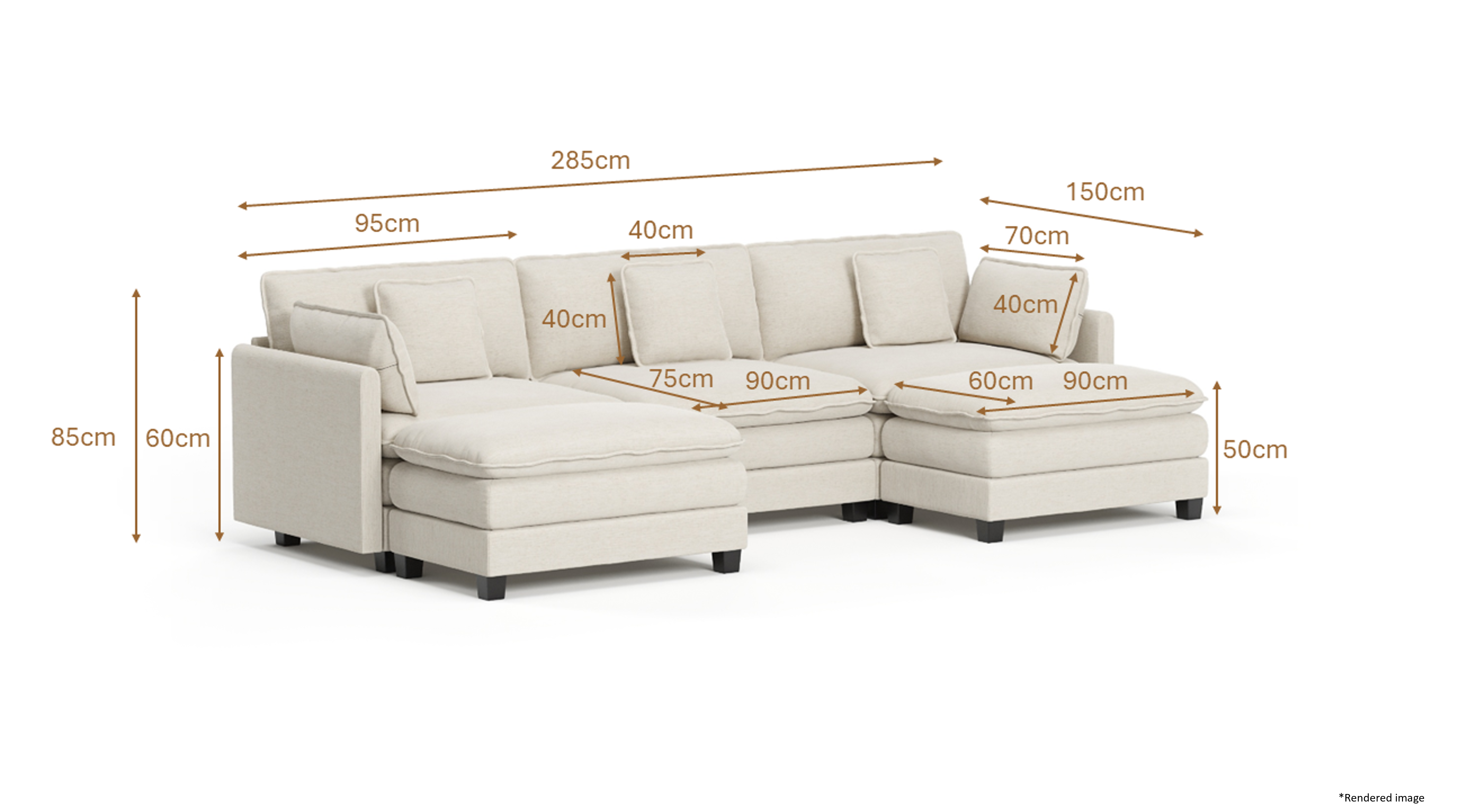 Heaven Modular 3 Seat Sofa with 2 x Ottomans in Cloud White